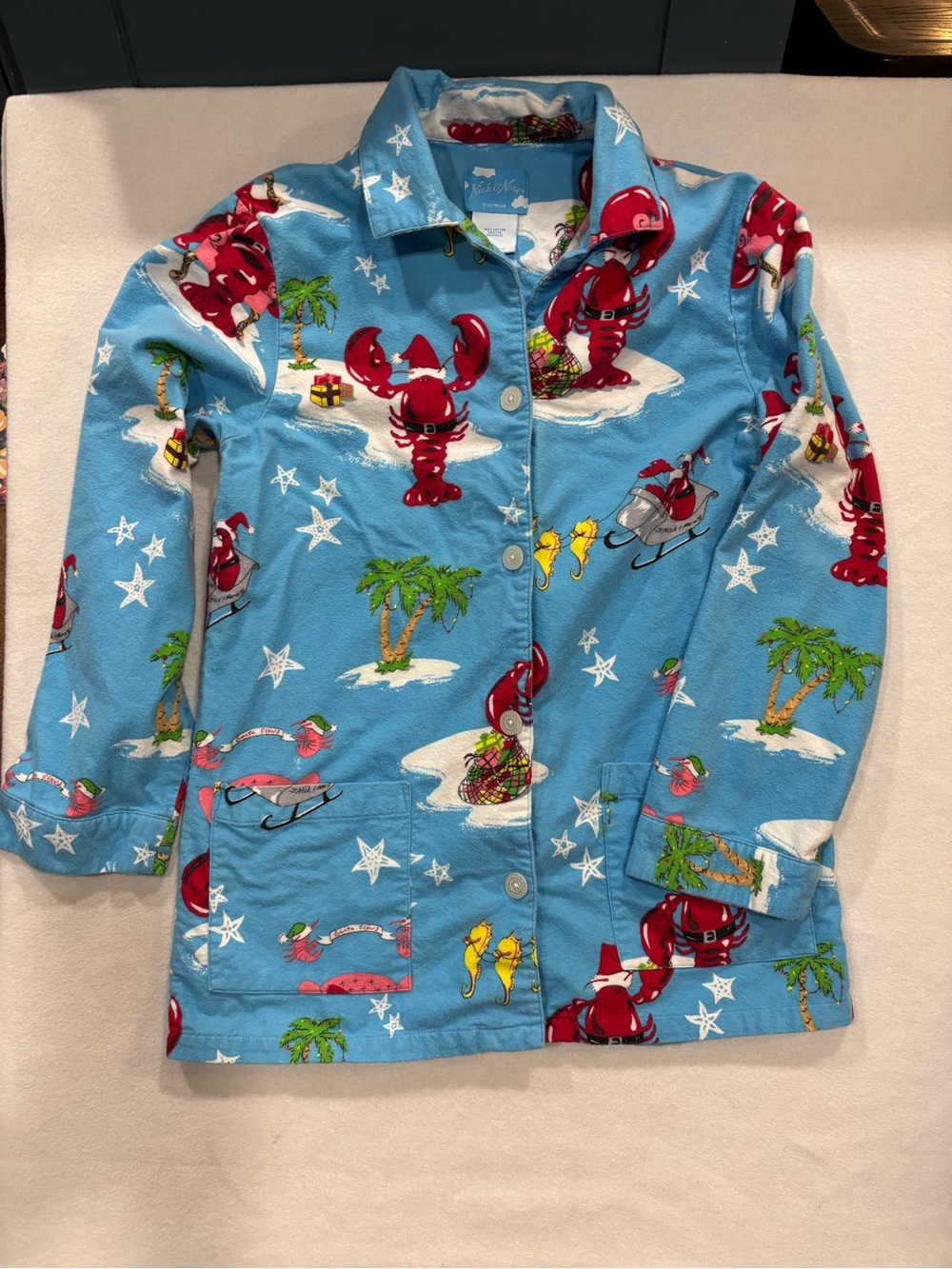 Nick & Nora flannel pajamas. ‘Santa Claws’ print featuring lobster Santa - M